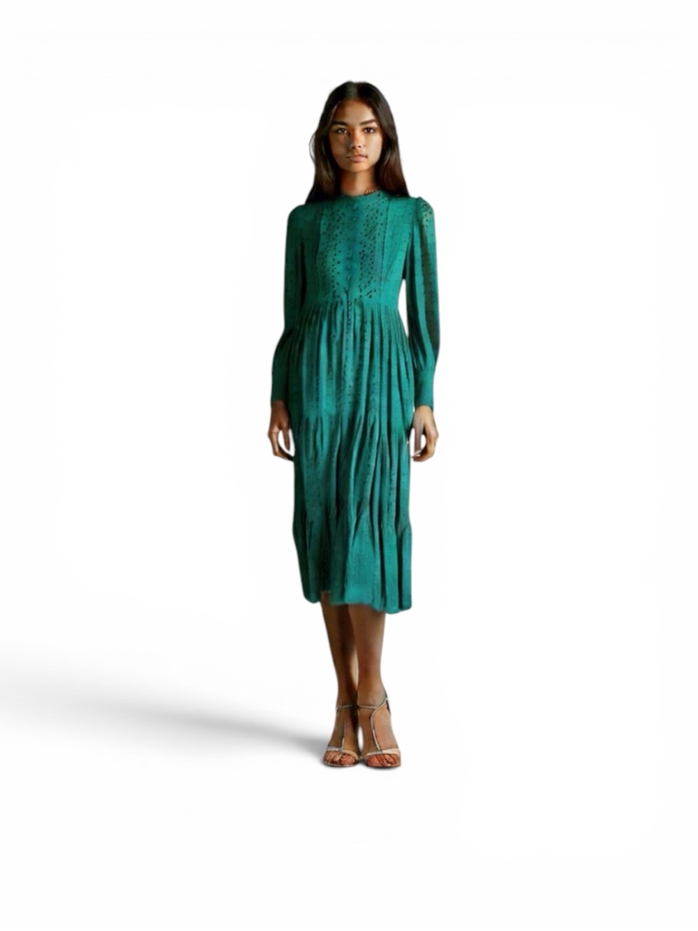 Beulah Style Green Eyelet Long Sleeve Dress Size Medium